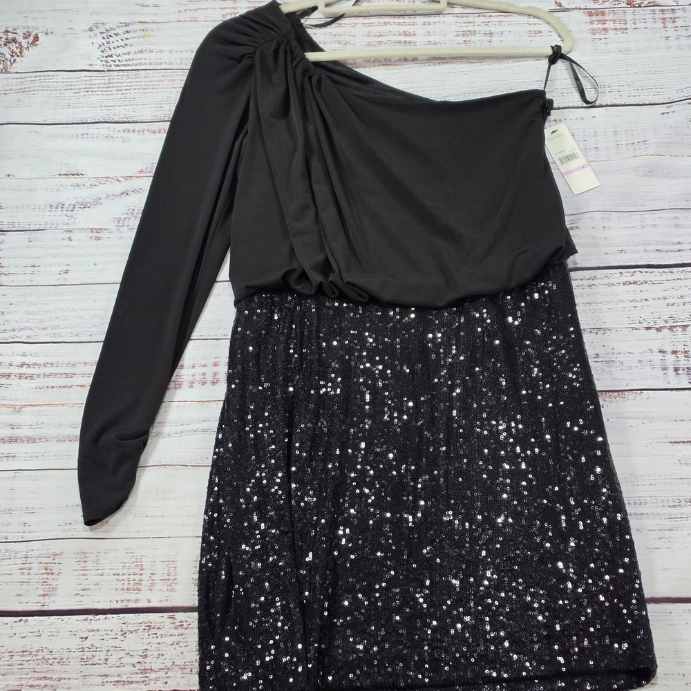 NWT Laundry by Shelli Segal Dress Womens 6 Black One Shoulder Sequin Formal HCO